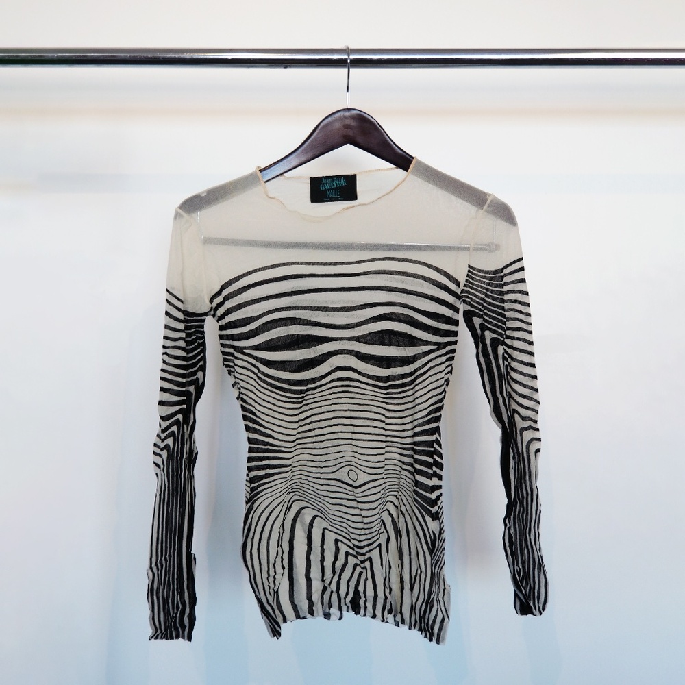 Jean Paul Gaultier Black & Off-White Optical Contour Mesh Long-Sleeve Top